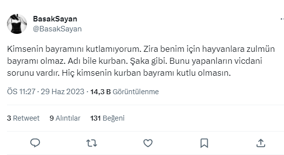 Başak Sayan'ın Kurban Bayramı paylaşımı tartışma yarattı