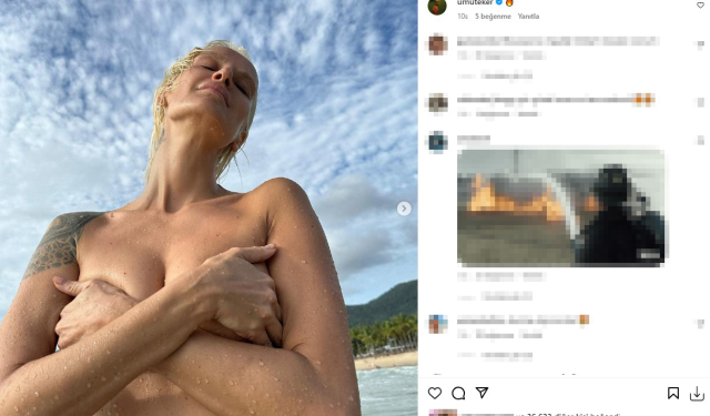 Üstsüz denize giren Didem Soydan, göğüslerini elleriyle kapatarak poz verdi