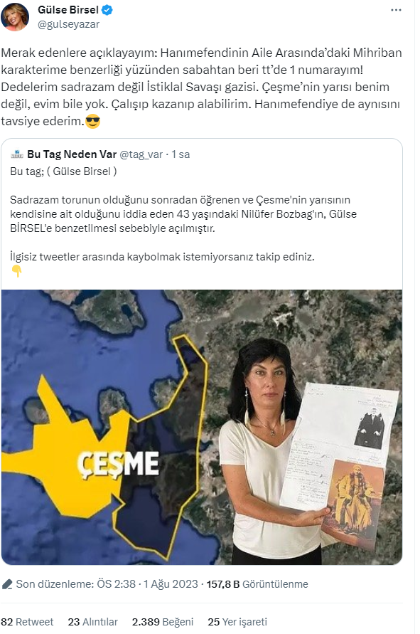 'Sadrazam torunuyum, Çeşme benim' diyen kadına benzetilen Gülse Birsel isyan etti: Çeşme'nin yarısı benim değil, evim bile yok