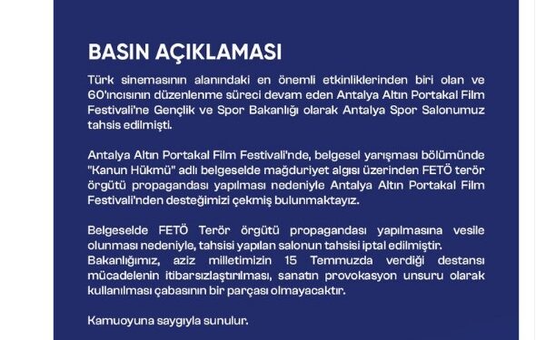 Son Dakika: Kültür ve Turizm Bakanlığı'nın ardından Gençlik ve Spor Bakanlığı da Altın Portakal Film Festivali'nden çekildi