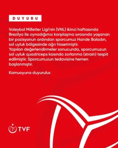 Hande Baladın’ın sakatlığına TVF’den açıklama geldi